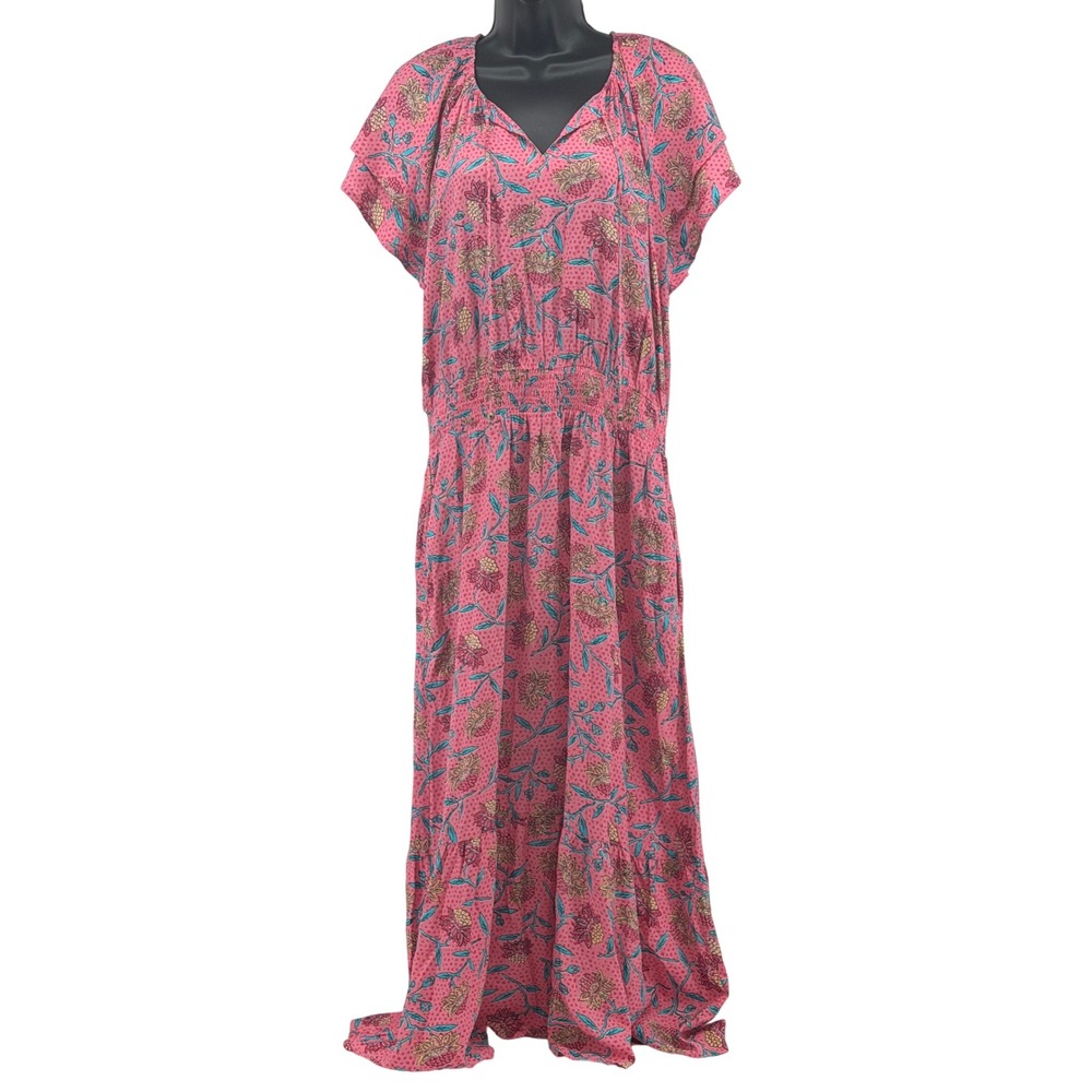 Destination 365 Dress Womens Small Pink Floral Maxi Smocked Waist Tiered Boho